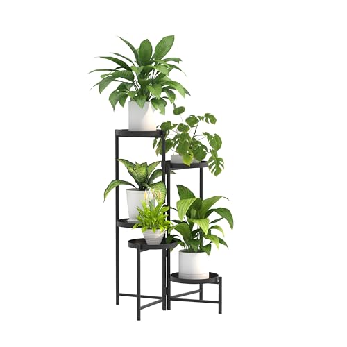 5 Tier Tall Metal Plant Stand, Duty Tiered Flower Shelf for Patio Garden | Rotatable 5-tier design, Foldable storage, leakproof trays, Waterproof rustproof, 10-minute easy assembly - size: 5 Tier