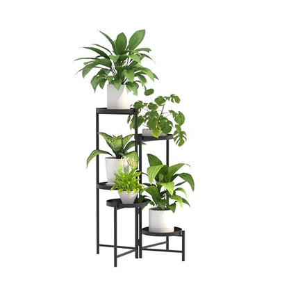 5 Tier Tall Metal Plant Stand, Duty Tiered Flower Shelf for Patio Garden | Rotatable 5-tier design, Foldable storage, leakproof trays, Waterproof rustproof, 10-minute easy assembly - size: 5 Tier