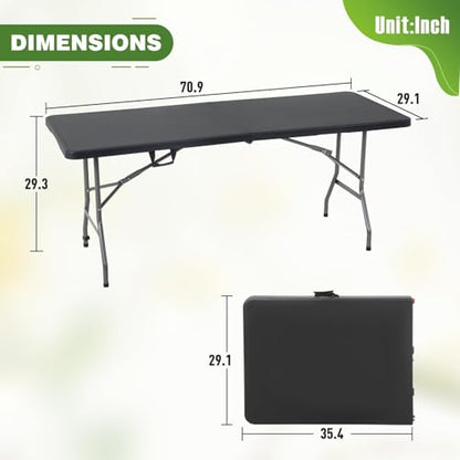 6FT Folding Table, Heavy Duty Plastic Table Portable Fold-in-Half Utility Table Indoor Outdoor Picnic Table w/Handle & Lock for Camping BBQ Party Wedding Market Events, Black - size: 6FT-Black