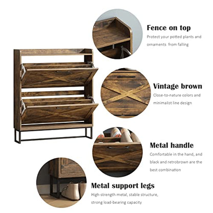 Maupvit Shoe Storage Cabinet with 2 Flip Drawers, Freestanding Shoe Organizer with Metal Legs for Entryway, Narrow Shoe Rack Cabinet, Rustic Brown - color: Rustic Brown, style: 2-Drawers
