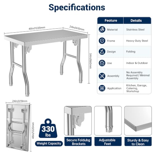 Stainless Steel Folding Table, 48 X 24 Inch Restaurant Tables | 4 ft Folding Table, Heavy Duty Commercial Folded Work Table For Vendor Grill Kitchen Prep Outdoor Indoor - size: 48" x 24"