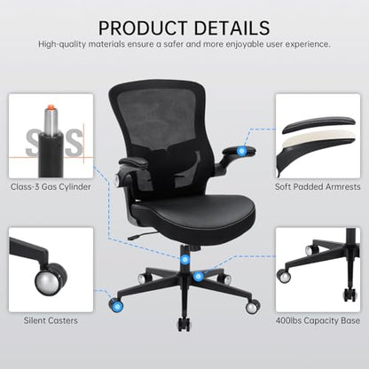 Office Chair-400lbs, Ergonomic Heavy Duty Office Desk Chair with Adjustable Lumbar Support Breathable Mesh Computer Chair with Flip-Up Armrests, Comfy Home Office Desk Chair for Heavy People