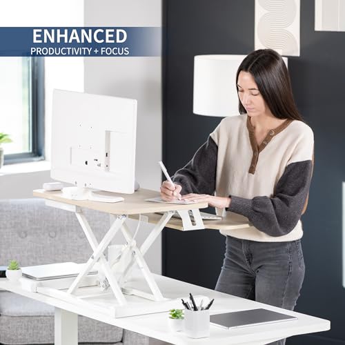 VIVO 26 inch Desk Converter, K Series, Height Adjustable Sit to Stand Riser, Dual Monitor and Laptop Workstation with Keyboard Tray, Light Wood Top, White Frame, DESK-V026KF | Height Adjustable, Stand Up Desk Riser, Wide Keyboard Tray, Dual Monitor and La