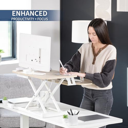 VIVO 26 inch Desk Converter, K Series, Height Adjustable Sit to Stand Riser, Dual Monitor and Laptop Workstation with Keyboard Tray, Light Wood Top, White Frame, DESK-V026KF | Height Adjustable, Stand Up Desk Riser, Wide Keyboard Tray, Dual Monitor and La