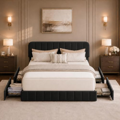 Garvee Queen Size Velvet Bed Frame with 4 Storage Drawers, Upholstered Platform Bed with Vertical Channel Tufted Adjustable Headboard, No Box Spring Needed, Easy Assembly, Black | Plush Velvet Comfort, Adjustable Tufted Headboard, Sturdy Slat Support, Qui
