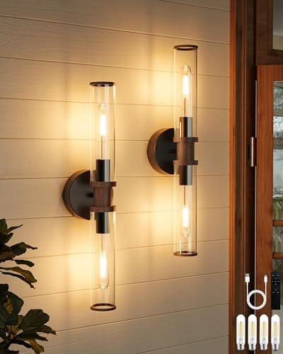 Rayogale Black & Walnut Wireless Battery Operated Wall Sconces with Remote | Glass Rechargeable Wall Lights Set of 2 with Timer Function Dimmable for Living Room Bedroom Emergency 3000K, 20.5 Inch - color: Black & Walnut(Clear Tubular Lampshade)