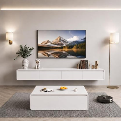 Floating TV Stand, Modern Wall-Mounted Entertainment Center with 1 Flip-Down Cabinet Doors 2 Drawers, Solid Wood Media Console (White, 63") - color: White, size: 63"