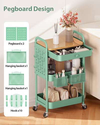 ALVOROG 3 Tier Metal Rolling Cart with Drawer,Wood Top,Pegboards,Green | Storage Utility Cart with Drawers,Pegboards,Lockable Wheels,Baskets,Hooks for Kitchen,Office,Bedroom,DIY Supplies - color: Green