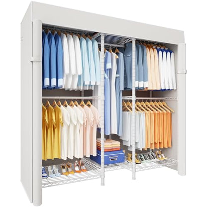 E12C Heavy Duty Closet Organizer System，Freestanding Clothing Rack, Adjustable Garment Rack 57.1" W x 16" D x 76.5" H Holds 860 lbs, White Clothing Rack with White Dustproof Cover - color: White Rack With White Cover, size: E12C