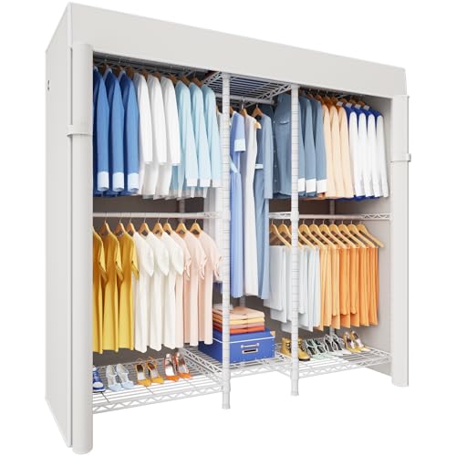 E12C Heavy Duty Closet Organizer System，Freestanding Clothing Rack, Adjustable Garment Rack 57.1" W x 16" D x 76.5" H Holds 860 lbs, White Clothing Rack with White Dustproof Cover - color: White Rack With White Cover, size: E12C
