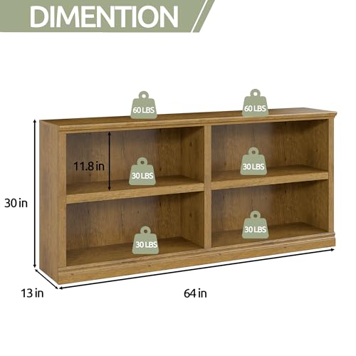 blini Bookshelf Double Wide 64“ 2-Tier Bookcase Vintage Oak 4 Cube Storage Organizer Wooden Bookcases for Bedroom and Home Office Decor Display - color: Vintage Oak, size: 2-shelf