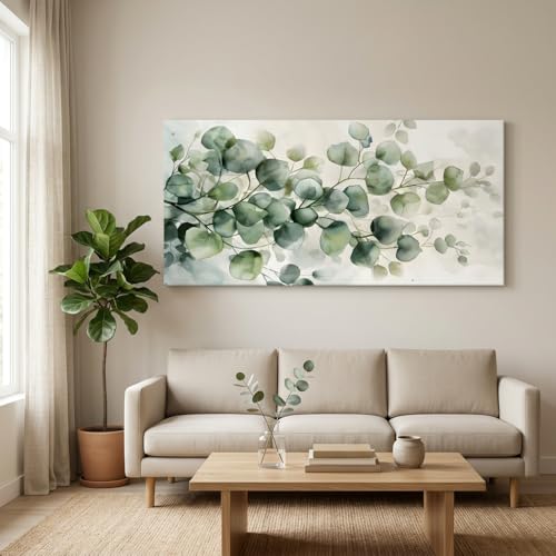 ZESTRILIA Soft Green Eucalyptus Leaves Canvas Wall Art, Calming Watercolor Botanical Leaf Print, Elegant Greenery Wall Decor for Bedroom Office Living Room (40x20 Inch) - color: Green Eucalyptus Leaves