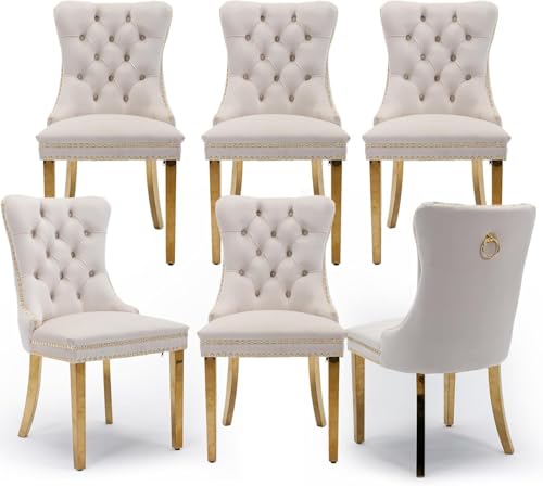 Velvet Upholstered Dining Chairs Set of 6, Modern Style Kitchen Side Chairs with Nailhead Trim and Gold Plated Leg, Metal Pulling Ring for Dining Room Living Room(Beige-Gold Plated Leg) - color: Beige-gold Plated Leg, size: Set of 6