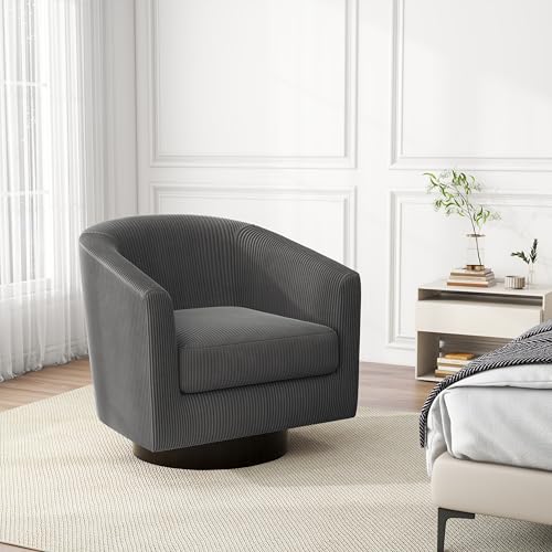 Swivel Barrel Accent Chair, Comfy Reading Armchair, Charcoal, Set of 1 | Club Chairs for Adults, Low-Back Design, Modern Round Style, Solid Wood Frame & Metal Swivel Base, For Living Room & Bedroom - color: Charcoal