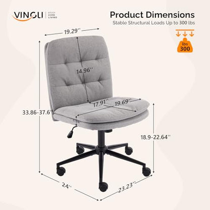 VINGLI Mid Back Armless Office Desk Chair with Wheels/no Wheels,360°Rocking Swivel Vanity Chair with Thickened Cushion,Adjustable Height Rolling for Reading Room, Make up, Linen Dark Grey - color: Dark Grey