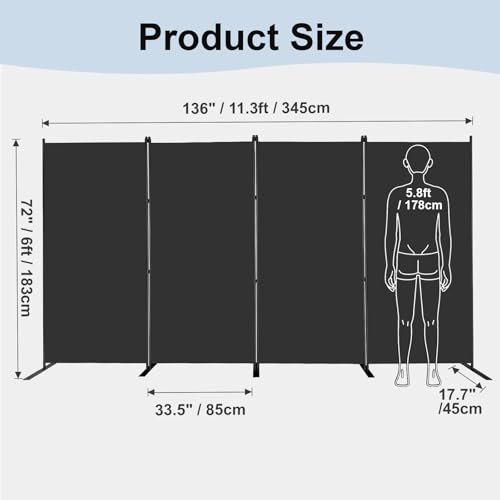 MAYOLIAH 4 Panels Folding Room Divider 6ft Tall Freestanding Privacy Screen | Large & Stable Room Partition w/ Multi Flat Bases as a Temporary Wall at Home Office Studio Garage, Black 136"W*17.7"D*72"H - color: Black, size: 34"-4 Panel-Flat Base