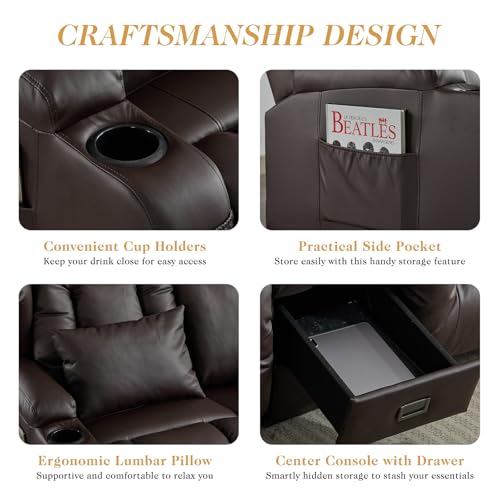 Loveseat Recliner Sofa,RV Wall Hugger Recliners with Flip-up Console,Reclining Loveseat Sofa Recliner with Cup Holders/Lumbar Pillows for Small Spaces,RV Furniture (Brown,68" 2-Seater) - color: Brown, size: 68" 2-Seater