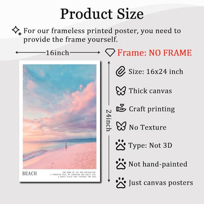 Pink and Blue Coastal Wall Art Cute Preppy Summer Pictures Aesthetic Summer Posters Trendy Beach Pictures Blue Ocean Painting Coastal Cowgirl Artwork Beach Wave Picture for Home Room 16x24in Frameless - color: C3Unframed