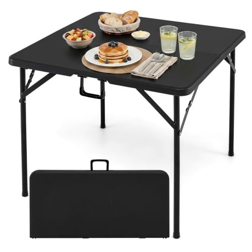 Goplus 34” Folding Table, Square Foldable Card Table, Indoor Outdoor Use, Fold-in-Half Portable Table with Carrying Handle, Plastic Table for Picnic Camping RV Travel Crafting Dining (Black) - color: Black