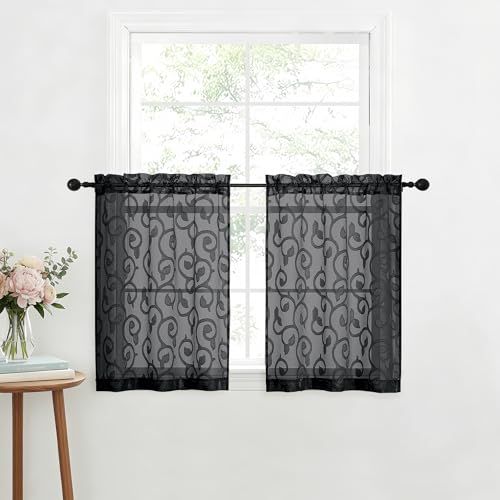 Furman Cafe Curtains 30 Inch Length 2 Panels Set, Elegant Geometric Jacquard Short Sheer CurtainsTiers for Kitchen/Living Room/Bedroom Small Window 28" W x 24" L,Black - color: Black, size: 28"W x 30"L (Pack of 2)