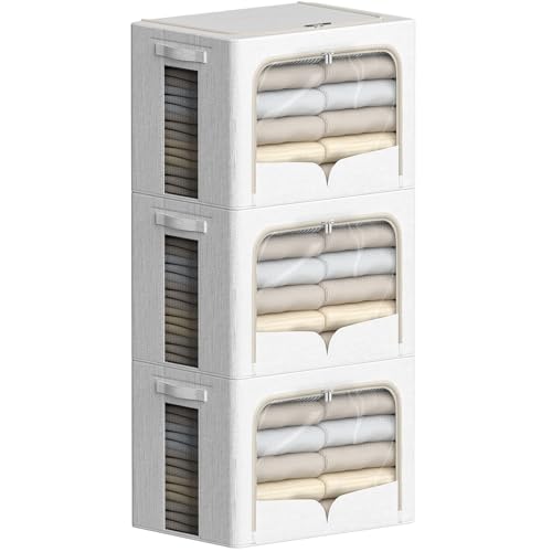 FHSQX 3 Pack Clothes Storage Bins with Metal Frame | 15.7x11.8x9.8inch (30L),Foldable, Stackable, Linen Fabric, Carrying Handles, Clear Window - color: Cream White, size: 15.7x11.8x9.8inch(30L)