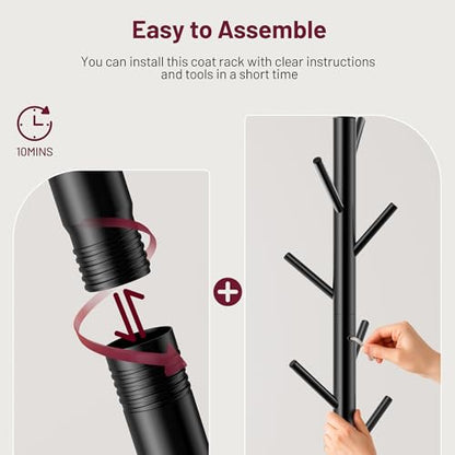 SLEEPING LAMB Coat Rack Freestanding with Umbrella Holder, Coat Hanger Stand with Wood Base Fits Entryway, Living Room, Bedroom, Office, Clothes Tree Holder with 8 Hooks for Jackets, Hats, Bags, Black