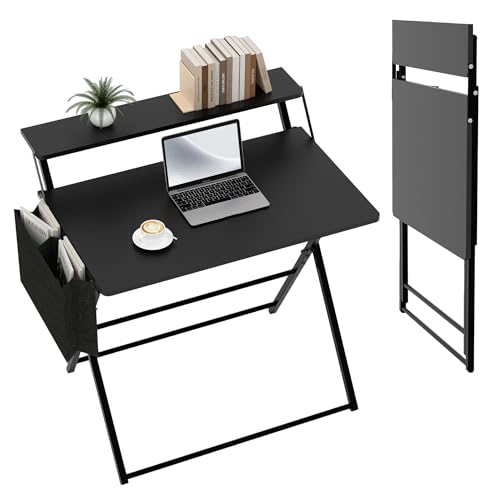 Small Desk No Assembly,31.5Inch 2-Tier Compact Computer Desk with Shelf & Side Pocket,Space Saving Foldable Table for Home Office, Bedroom or Apartment,Portable Collapsible Sturdy Laptop Desk,Black - color: Black