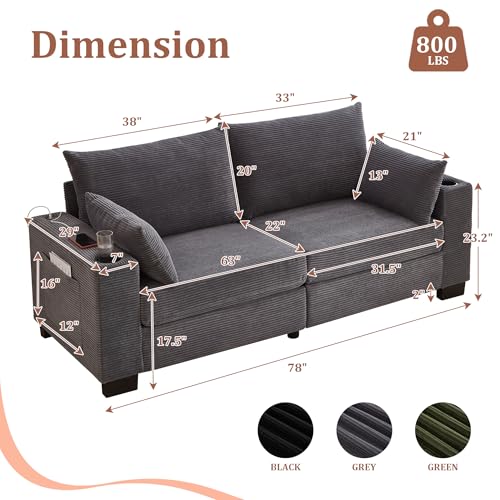 78" Cloud Loveseat Sofa, Modern 2 Seater Loveseat Couch with Dual Cup Holders & USB Charging Ports, Comfy Corduroy Upholstered Sofa with Side Storage Pockets for Apartment - color: Grey