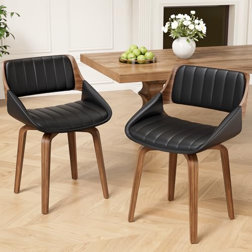 REONEY 360° Swivel Dining Chairs Set of 2, Mid-Century Modern Kitchen Chair | with Walnut Bentwood Back and Legs, Upholstered PU Leather for Dining Room, Kitchen, Restaurant, Cafe, Black - color: Black Vertical Stripes