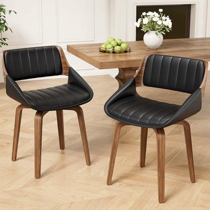 REONEY 360° Swivel Dining Chairs Set of 2, Mid-Century Modern Kitchen Chair | with Walnut Bentwood Back and Legs, Upholstered PU Leather for Dining Room, Kitchen, Restaurant, Cafe, Black - color: Black Vertical Stripes