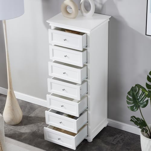 Tall White Dresser for Bedroom with 7 Drawers, 52" Tall Skinny Dresser | Modern White Tall Chest of Drawers Dresser，Wooden Lingerie Dresser Tall Narrow，Crown Molding and Solid Wood Ball Legs - color: White