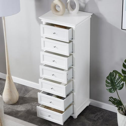 Tall White Dresser for Bedroom with 7 Drawers, 52" Tall Skinny Dresser | Modern White Tall Chest of Drawers Dresser，Wooden Lingerie Dresser Tall Narrow，Crown Molding and Solid Wood Ball Legs - color: White