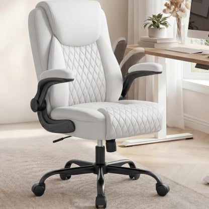 COMHOMA Mid-Back Office Chair, Ergonomic PU Desk Chair with Flip up Arms, Small Computer Gaming with Comfy Lumbar Support,Rocking Function,Sturdy Metal Base, White - color: White