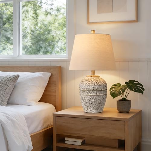 Farmhouse Ceramic Table Lamp, Natural Distressed Earth Tone Finish, Grey | Modern Bedside Lamp with Linen Shade, Rustic Table Lamp for Living Room, Bedroom Nightstands Dining Office