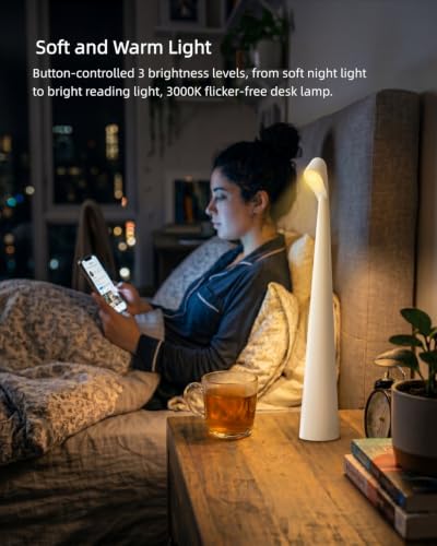 Cordless LED Table Lamp, 4000mAh Rechargeable Portable Desk Lamp, 3-Level Brightness, Bedside Night Light, Ambient Reading Light for Restaurant, Bedroom, Outdoor Camping, Night Light, White | 3-Level Brightness, Bedside Night Light, Ambient Reading Light,