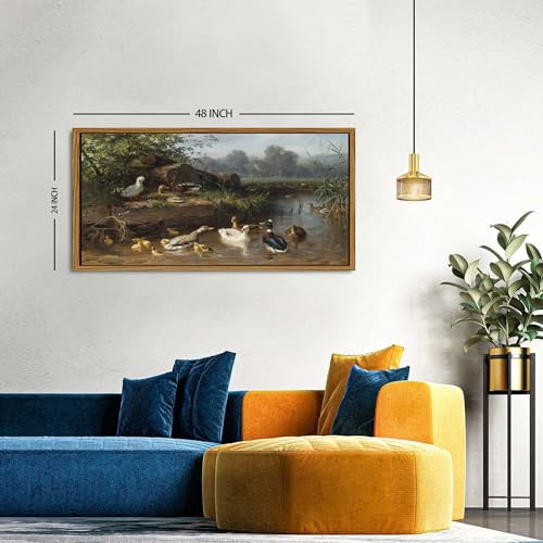 Countryside Landscape Wall Art Framed Duck Wall Decor Vintage Picture Classical Country Field Canvas Painting Prints Poster Farmhouse Animals Scenic Artwork for Living Room Home Decorations 24x48 - color: Duck, size: 24"L x 48"W