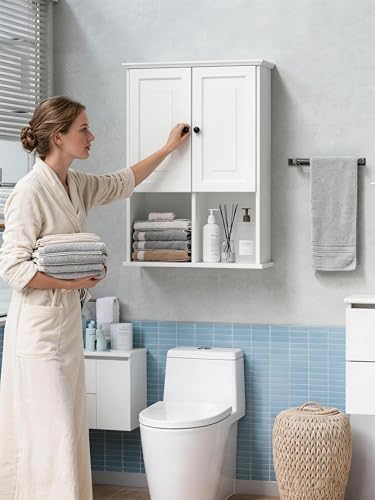 HAIOOU Bathroom Wall Cabinet with Motion Sensor Light, 23.6 Inch - White | Wooden Wall Mounted Medicine Cabinet with Adjustable Shelf, Soft Close Hinges for Over the Toilet Bathroom Storage - color: White