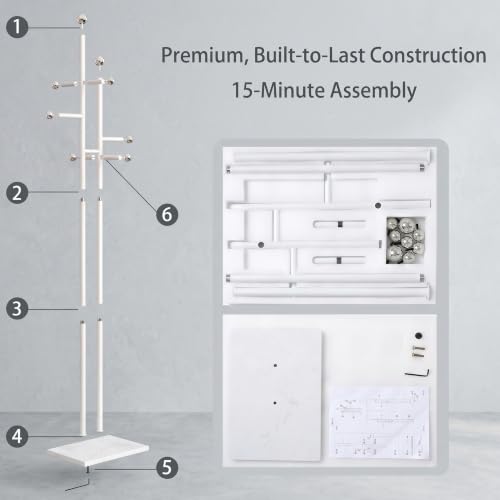 Bedroom Coat Rack Freestanding, Heavy White Marble Base | 1.0mm thickened white metal tree with 8 stainless steel hooks. Anti-toppling organizer for modern bedroom & living room. - color: all white