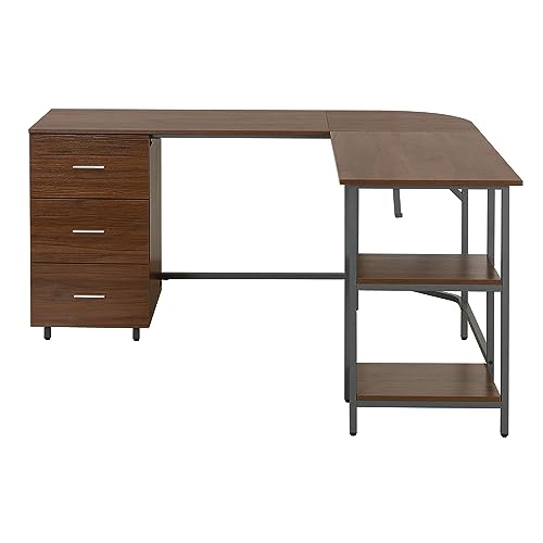 Techni Mobili L Shaped Desk - Two-Toned Computer Desks for Home Office with Storage Shelves & Cabinet - Simple Modern Furniture & Office Space Corner Table for Work & Writing - Grey & Walnut | 59" two‑tone L‑shaped desk with storage shelves, durable frame