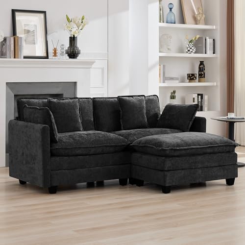 76'' Cloud Deep Seat Loveseat Sofa, Upholstered Chenille Modular 2-Seats Sectional Sofa Couch with Movable Ottoman, Modern Comfy Settee Loveseat for Living Room Set, Small Apartment, Dark Grey - color: Dark Grey, size: 76'' L Shape