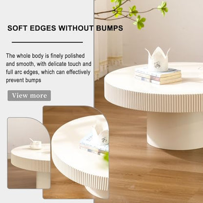 Round Fluted Drum Coffee Table with Pedestal Base | 30.7'' Modern White Wooden Drum Center Table, Handcrafted Wood Fluted Edge, For Living Room & Apartment - color: White Thin