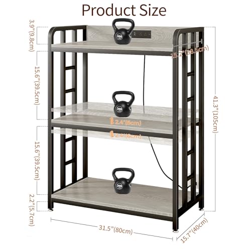 Baker's Rack with Power Outlet, 3-Tier Adjustable Microwave Cart, Greige | Microwave Stand with Storage, Spice Rack，Locking Wheels, Coffee Station for Kitchen，Living Room，Coffee Bar，Office - color: Greige