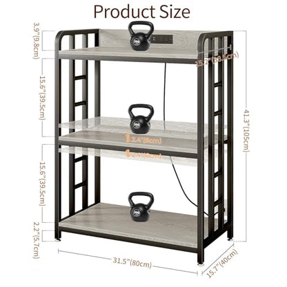 Baker's Rack with Power Outlet, 3-Tier Adjustable Microwave Cart, Greige | Microwave Stand with Storage, Spice Rack，Locking Wheels, Coffee Station for Kitchen，Living Room，Coffee Bar，Office - color: Greige