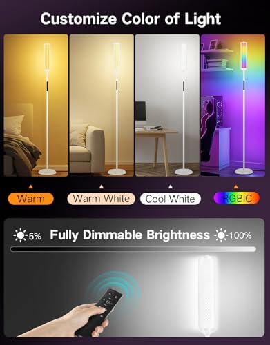 OUTON Bright Smart Floor Lamp with Remote, App & Touch Control, RGB Color Changing Standing Lamp, 2200K-6500K Dimmable, 3 Adjustable Heights, 32 Scenes for Living Room Bedroom Office,White & Metal - color: White & Metal Shade