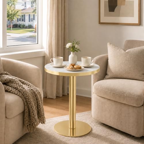 TesNus 23.6" Tulip Dining Table for 2, Small Round Tulip Table, Faux Marble Top with Gold Metal Pedestal Base, Modern Leisure Dining Table for Small Spaces, Cafe, Office, White&Gold - color: White Top&gold Base