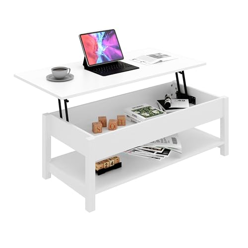 Panana Lift Top Coffee Table with Hidden Compartment and Open Shelf, Lift Tabletop Pop-Up Coffee Table for Living Room, 45.28" L, White - color: White