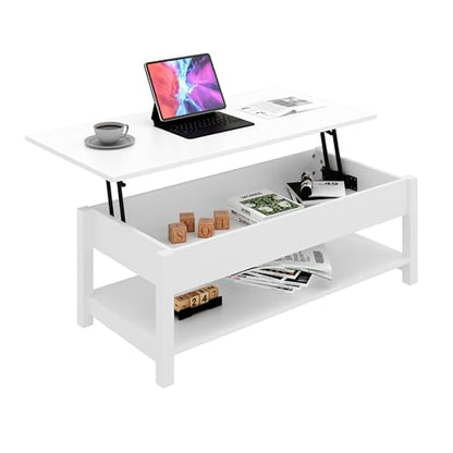 Panana Lift Top Coffee Table with Hidden Compartment and Open Shelf, Lift Tabletop Pop-Up Coffee Table for Living Room, 45.28" L, White - color: White