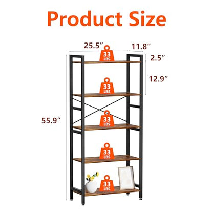 5 Tier Bookshelf,Storage Shelf with Steel Frame,Free Standing Open Book Shelves Storage Display Shelf - size: 5 Tier