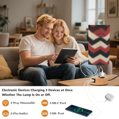 Kigai Colorful Folded Threads Touch Control Bedside Table Lamp 3 Way Dimmable Nightstand Lamp with USB A+C Charging Ports & AC Outlet Fabric Shade for Bedroom Desk Living Room