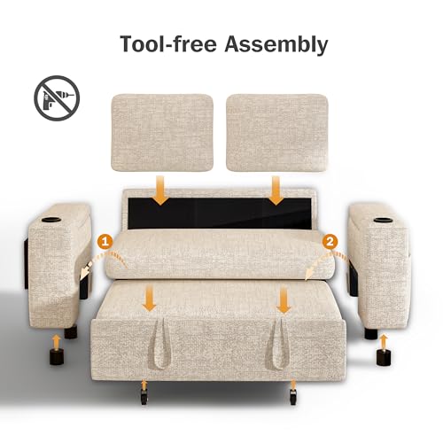 Vipbear 65" Loveseat Sleeper Sofa with Pull Out Bed, Chenille 3-in-1 Convertible Sofa Bed with Reclining Backrest|USB Ports|Cup Holders|Side Table|Storage Armrests, Tool Free Assembly, Beige - color: Beige